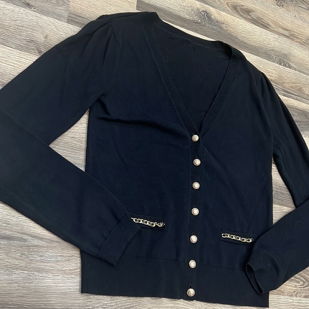 Generation Love Women’s Small Black Gold Button Crop Cardigan Silk/Cotten Blend